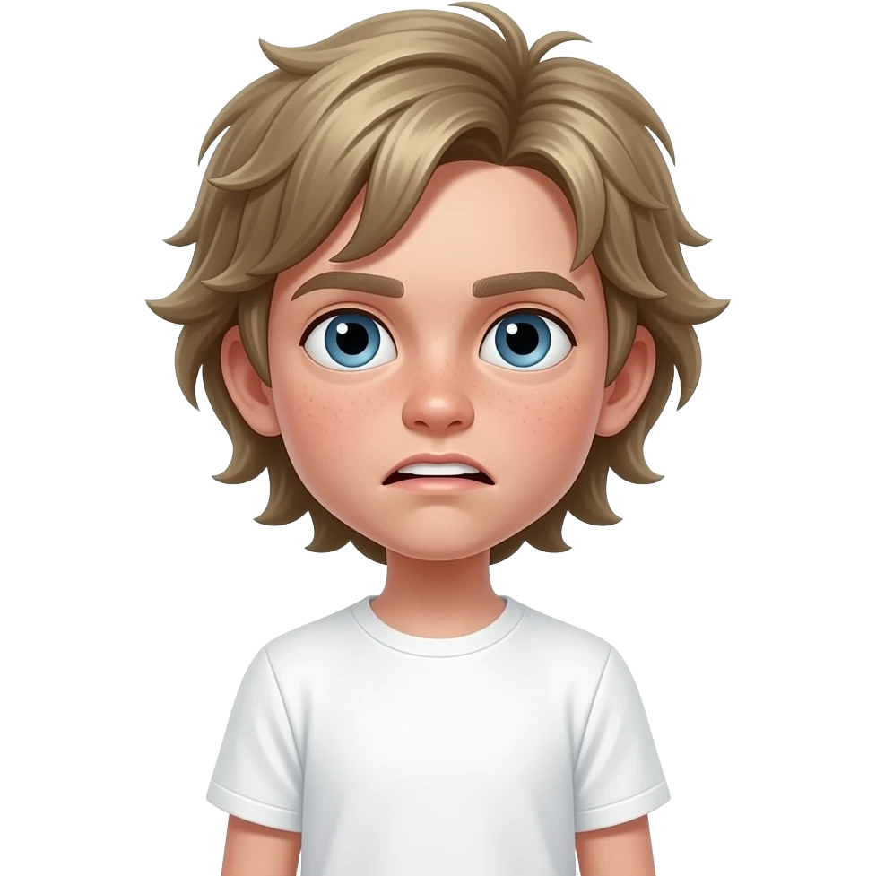 full body super long neck super skinny a short white boy kid with meidonm long dirt blond hair and he has buck teeth and has a stupid exsprsion on he's face and he's super atistic emoji