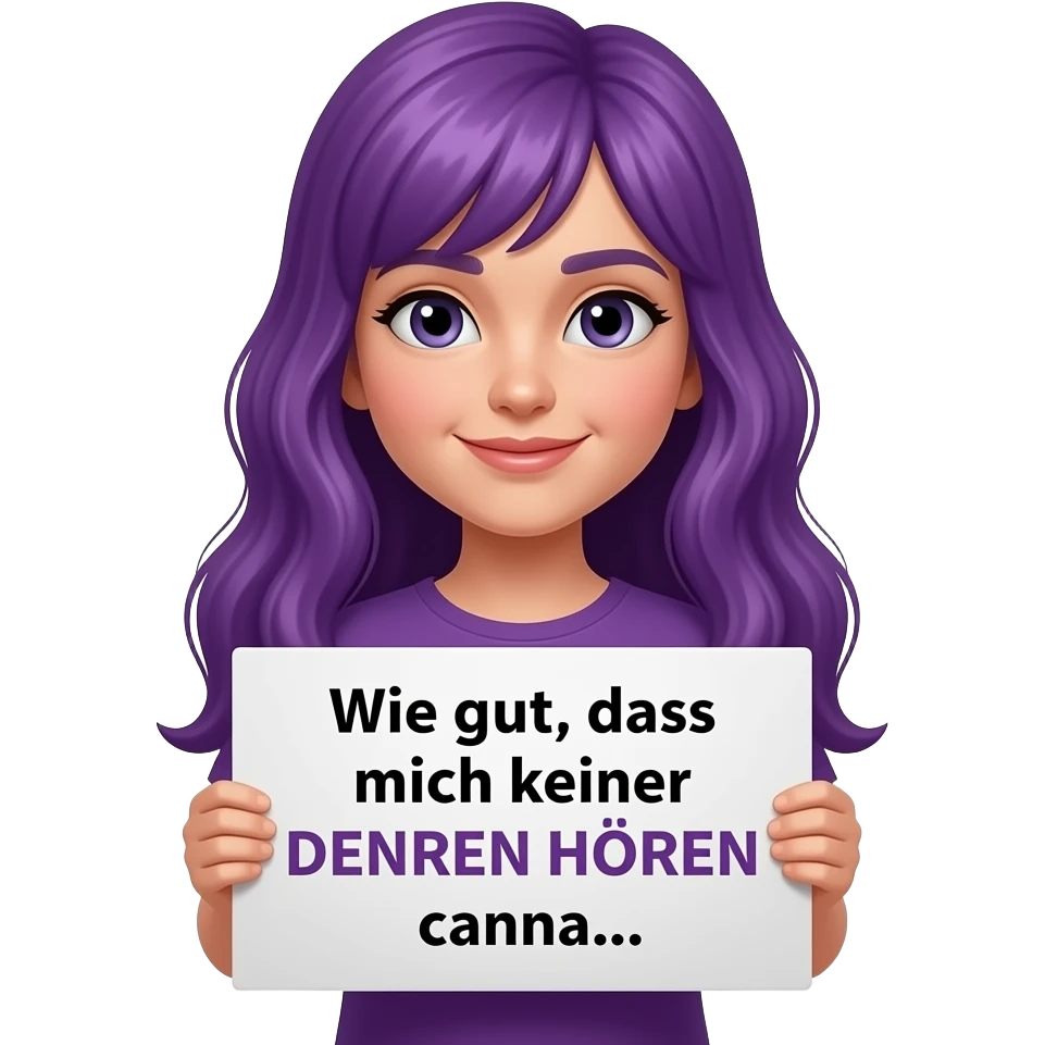 girl with long purple hair holding a Wie gut, dass mich keiner DENKEN HÖREN kann... sign emoji