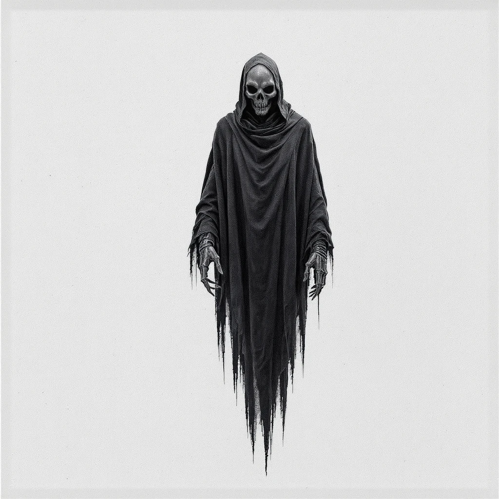 Marathon 1 S'pht compiler original cloak form, floating metallic spooky figure, black and white DSLR photography style, sharp contrasts, mysterious haunting atmosphere emoji