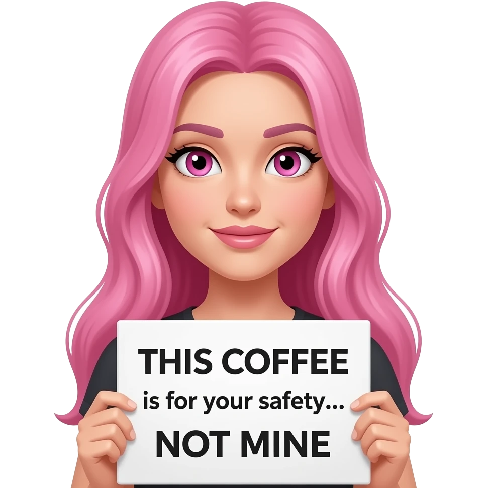 sexy girl with long pink hair and pink eyes holding a THIS COFFEE is for your safety... NOT MINE sign emoji