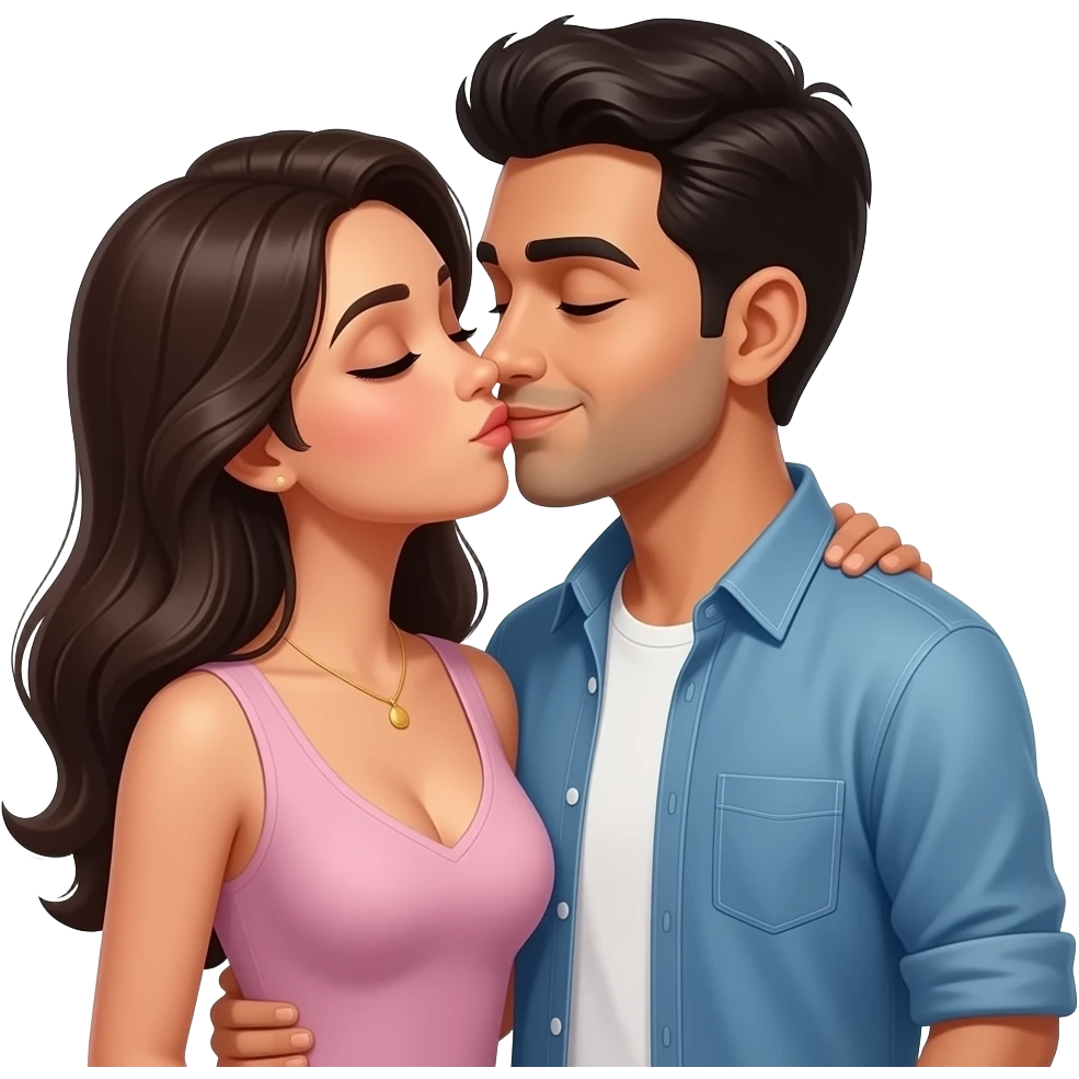 Husband kissing wife lovingly Indian couple modern casual dress. Lady low neck, men no beard emoji