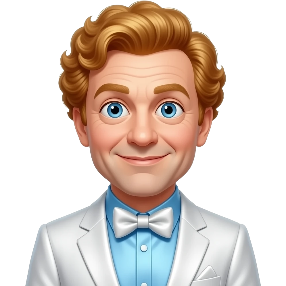 Curly Howard from The Three Stooges with blue eyes, reddish blonde hair, light blue metallic shirt, white metallic suit jacket with bow tie emoji