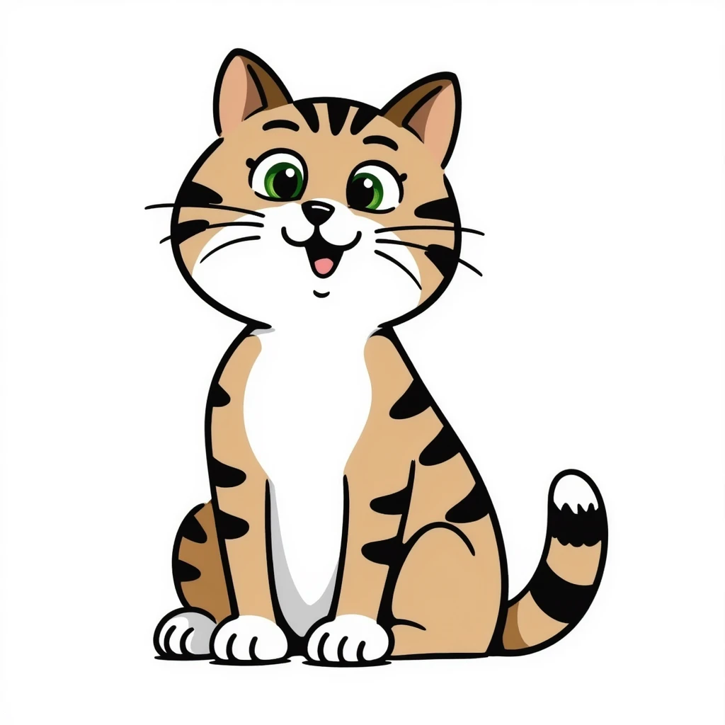 Brown, white, and black tabby cat with green eyes sitting to show its white belly, hand-drawn style emoji