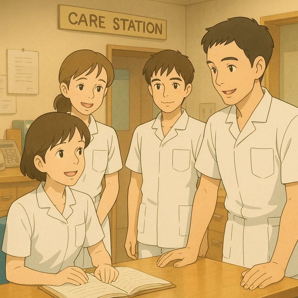 Group of four students (faces inspired by references), interacting in a care station, Ghibli style, white short-sleeve outfits with V-neck, left chest pocket, no collar stand, no stethoscopes, no undershirts, soft and professional atmosphere. emoji