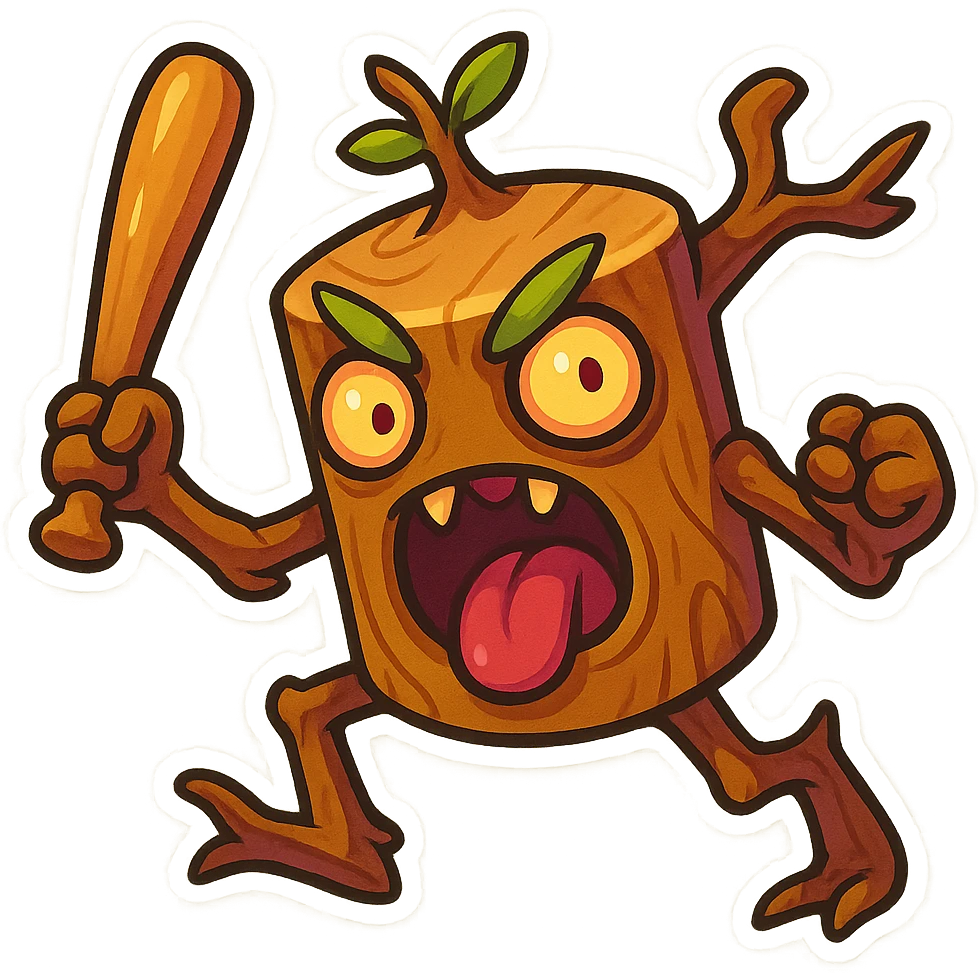 square image of absurd wooden stick-man creature, drum-like cylindrical body, holding baseball bat, cartoon style, bright vivid colors, expressive face, dynamic pose, a bit creepy yet funny,  emoji