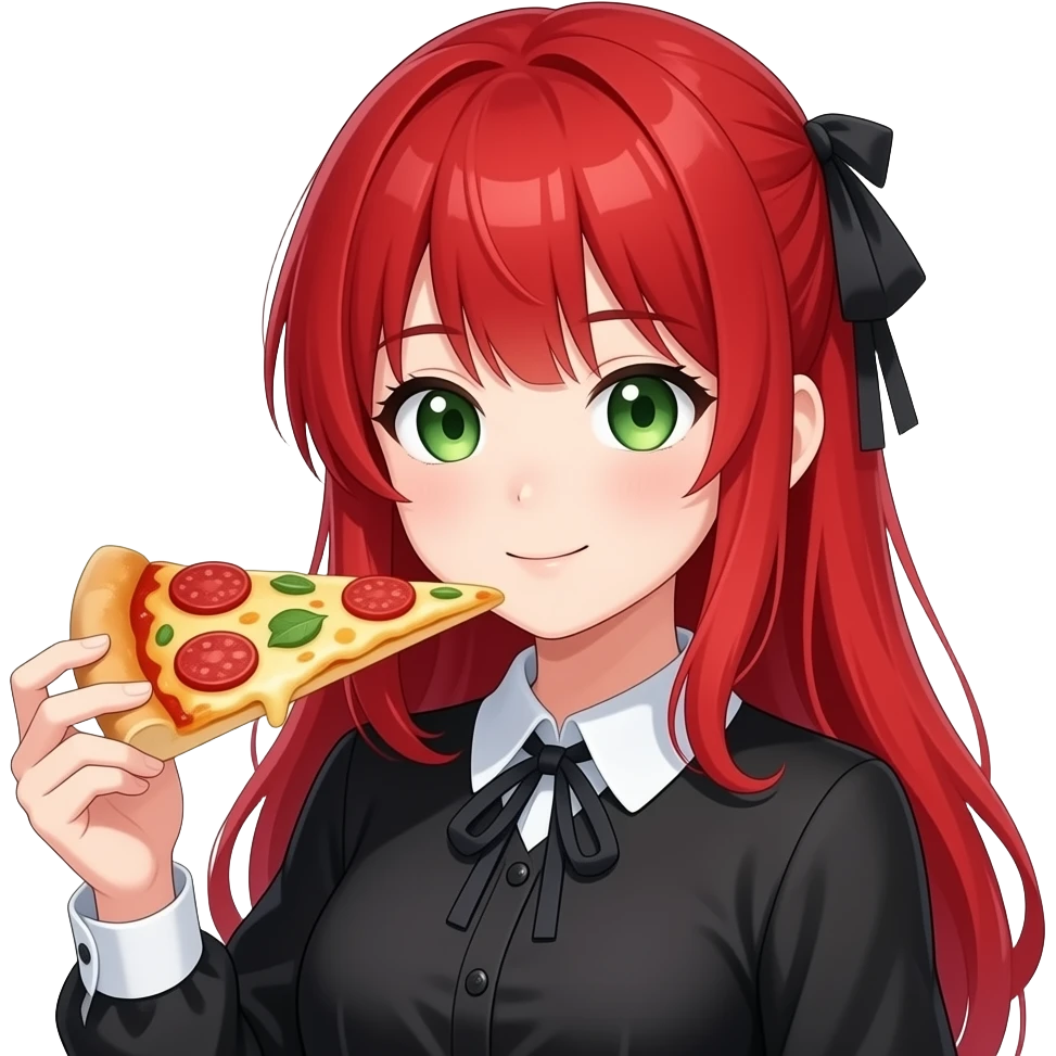 anime girl, with pizza, red hair, green eyes, black blouse with white collar emoji