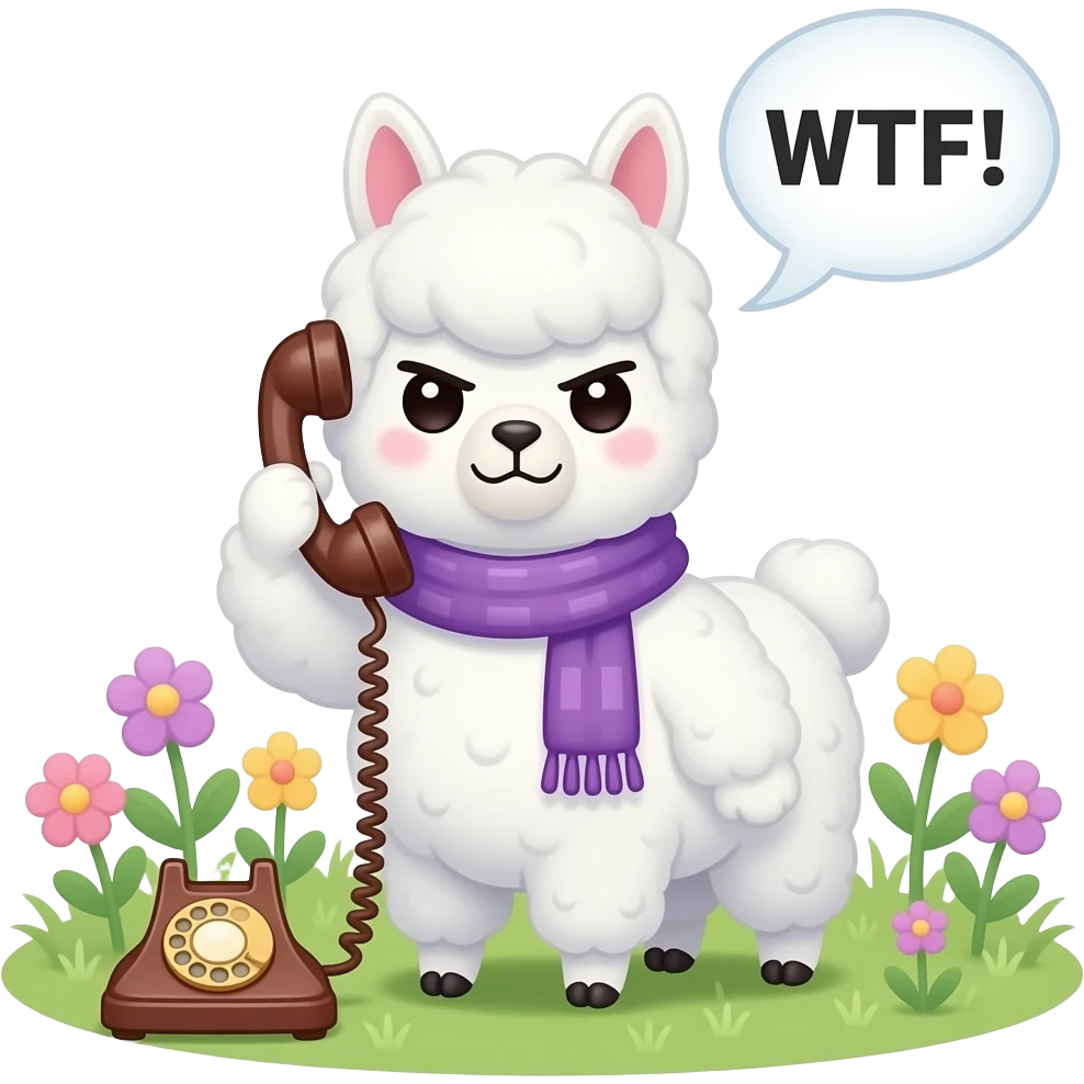 біла альпака в стилі аніме Cute chibi alpaca (from image_1.png) in purple scarf, intensely angry scowling face, one hoof holding a vintage rotary phone to its ear, "WTF!" speech bubble above head, pastel flower meadow background, anime art style. emoji