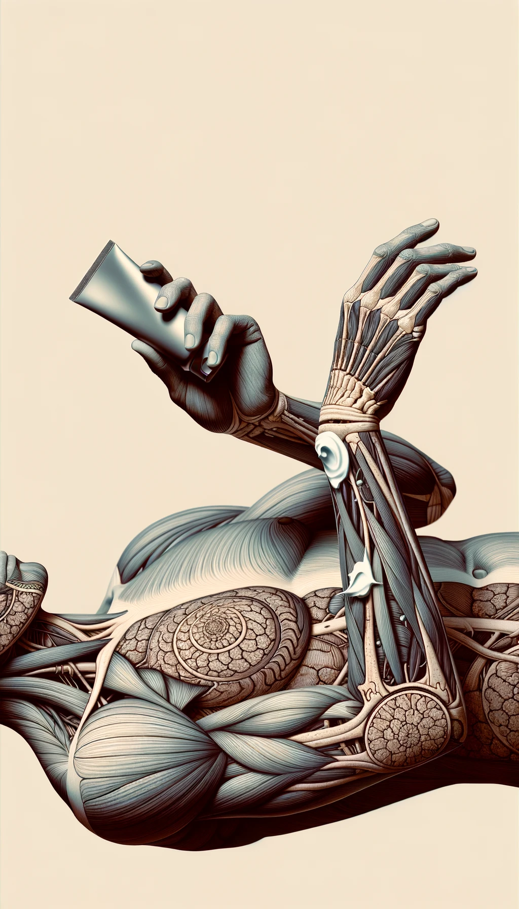 corpo umano anatomico cHE SI METTE UNA CREMA SUL BRACCIO, sfondo neutro chiaro emoji