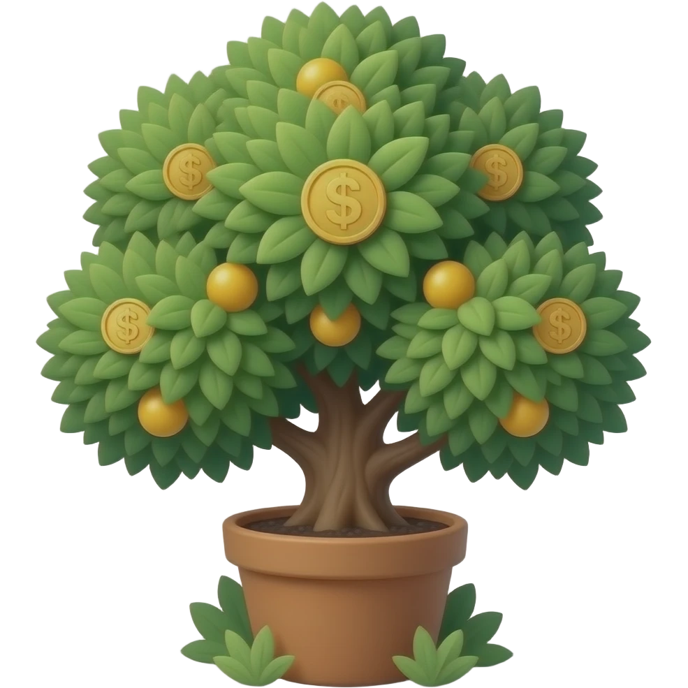 Apple-style money tree, round soft green canopy. No pot, no ground — only the tree. Small gold coins as fruits inside the leaves. Flat 2D, clean shapes, no gradients. Dark near-black background, premium fintech icon. emoji