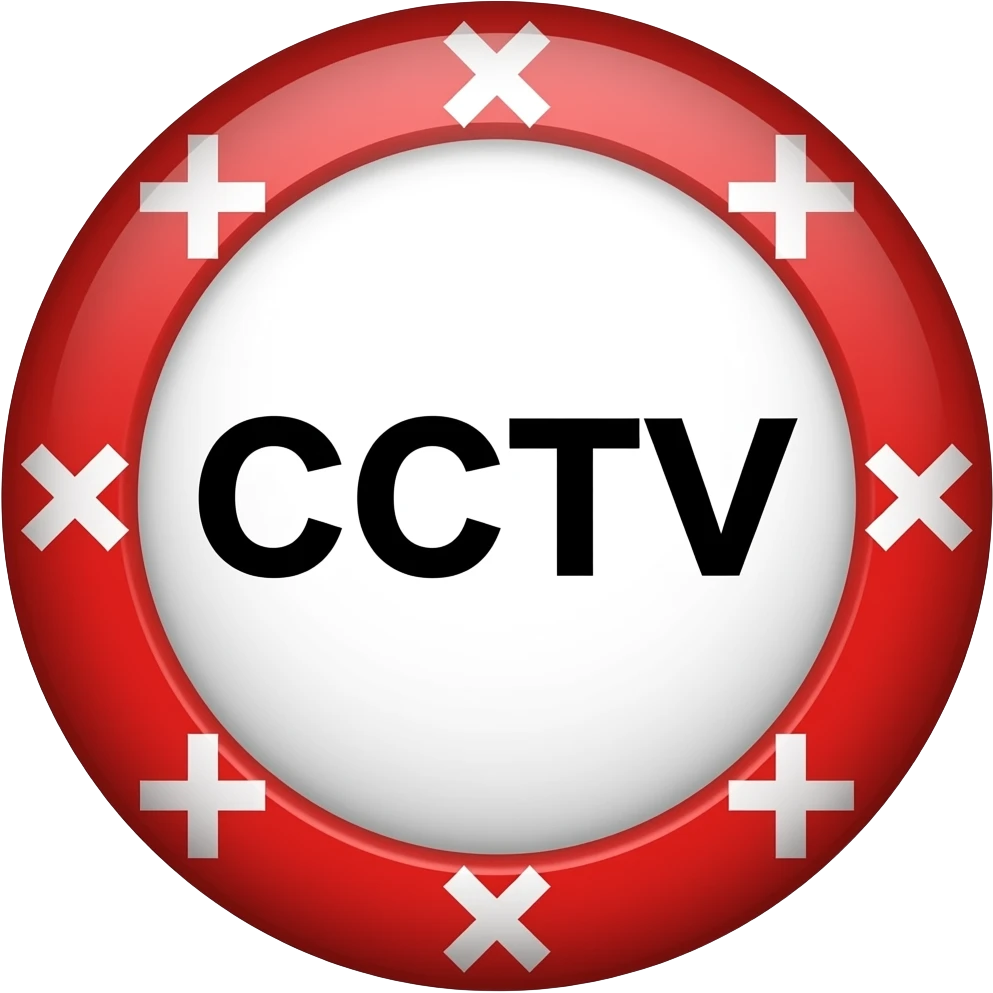 Red filled circle with white X and arrow on all end points on the X white circle in the middle. Big CCTV word in the centre in black emoji