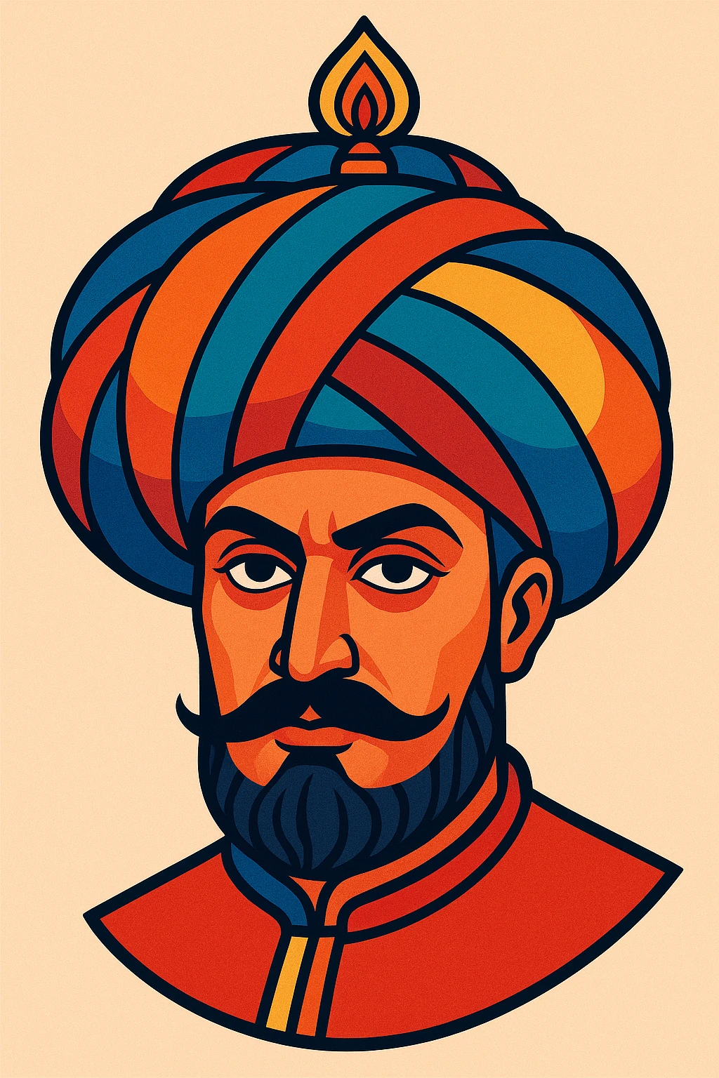 stylized portrait of Sultan Murad IV, head only, detailed turban, elegant mustache, artistic and colorful emoji