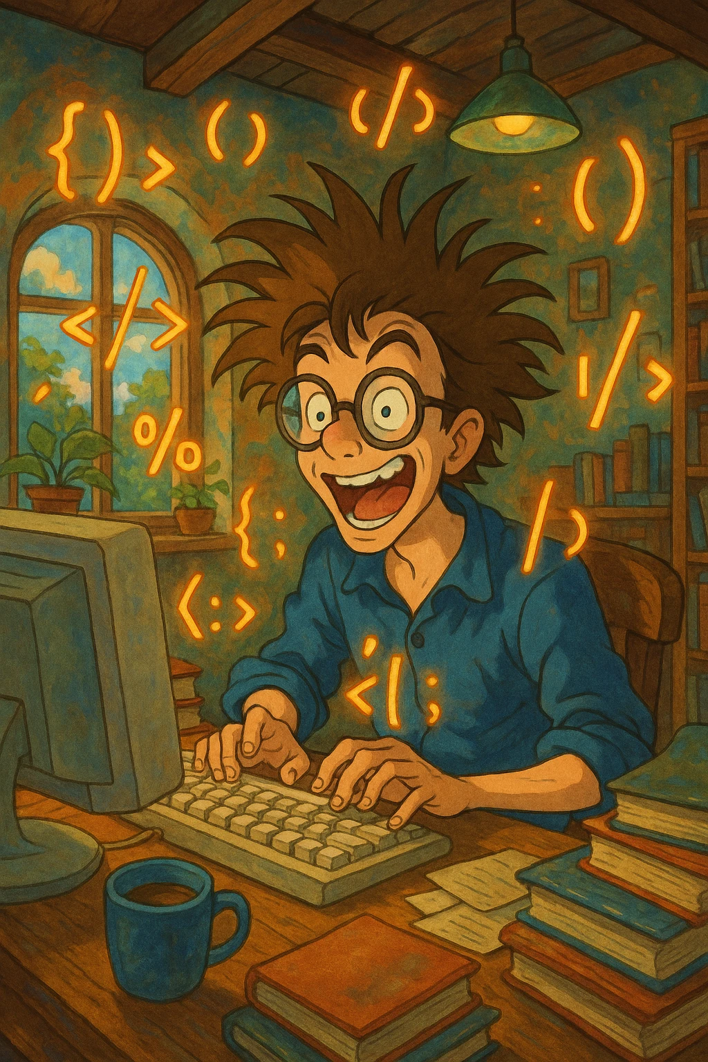 crazy programmer, wild hair, glasses, surrounded by floating code symbols, ghibli style emoji