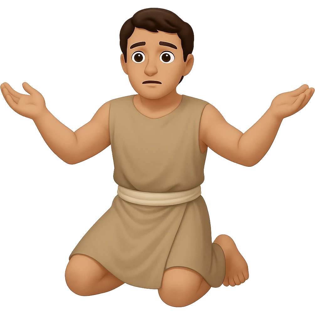 Remake this emoji in apple emoji style with brown hair and no silver handbands, fullbody apostle kneeling pose, variation 1. Keep the apple emoji style look and feel. emoji