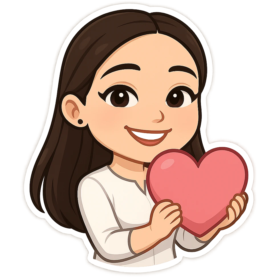 Create a chibi sticker of the girl from the reference image, holding a pink heart and smiling. She should have long hair as shown in variants 3, 4, and 5. The style should be 3D bitmoji chibi with a white outline and transparent background. emoji