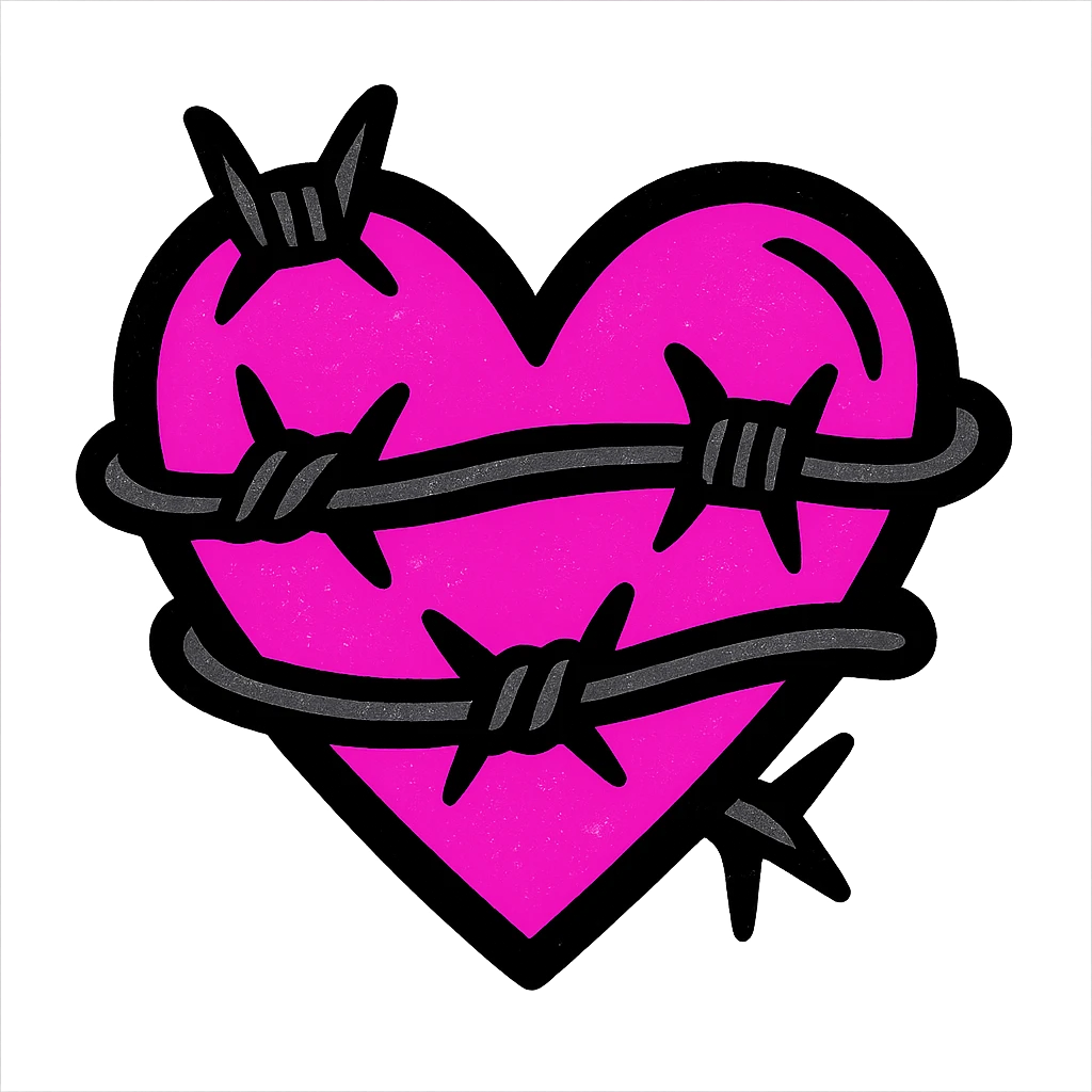 gothic heart with barbed wire, pink and black colors, pop colors style emoji