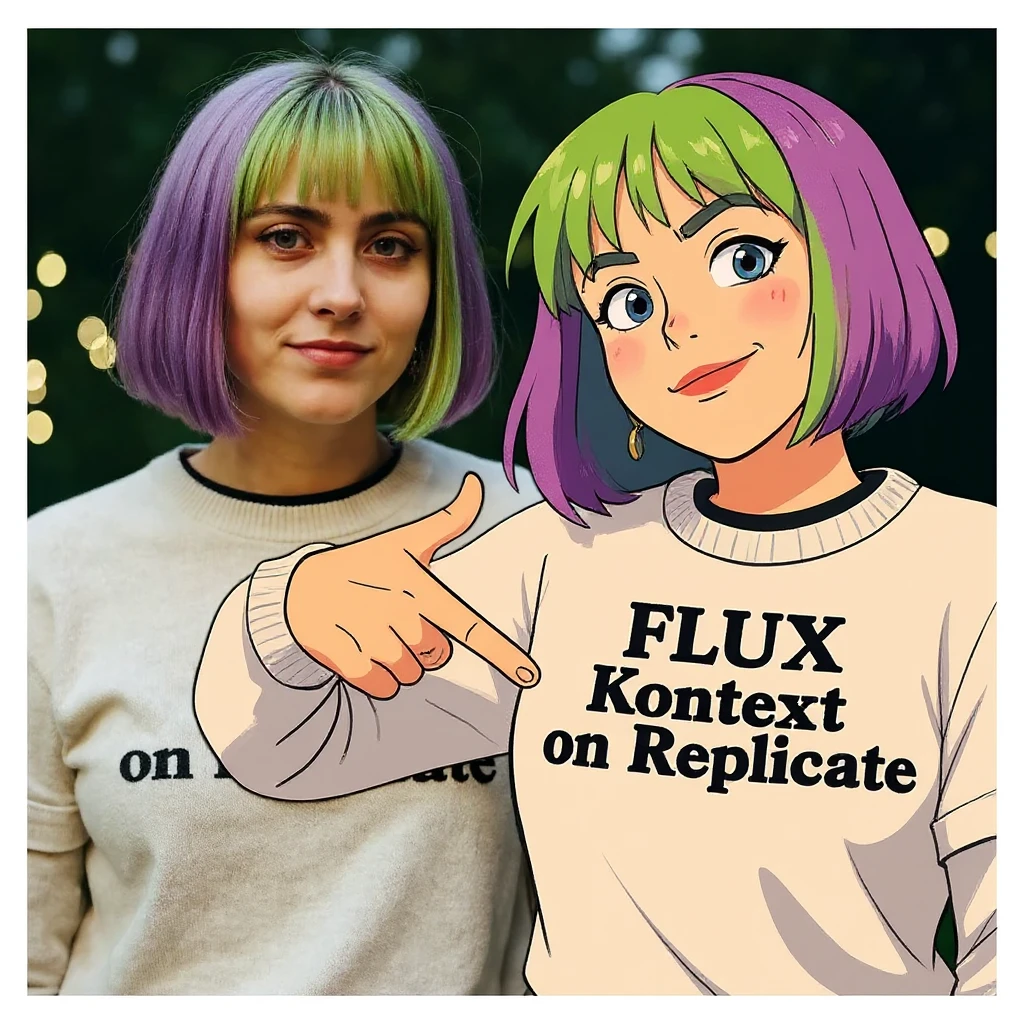 make a image of a girl with a anime version of that girl beside her wearing tshirt with text of "FLUX Kontext" emoji