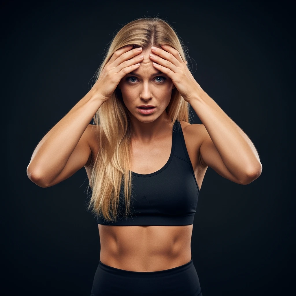 DONNA FITNESS STRESSATA CHE SI TIENE LE MANI SULLA FRONTE, IPERREALISTICA 4K, SENZA SFONDO emoji