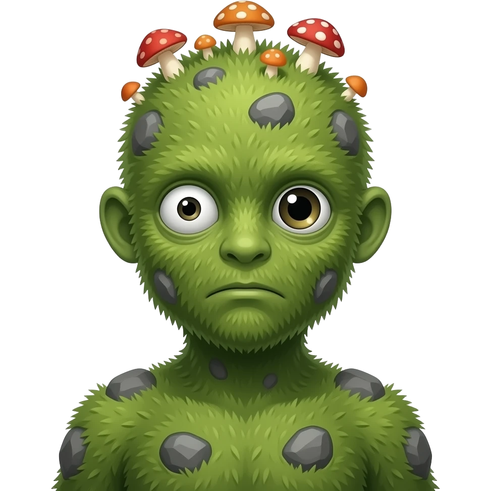 A humanoid thing with grass on it with rocks on it different mushroom growing on its head with no ears or mouth one single e emoji