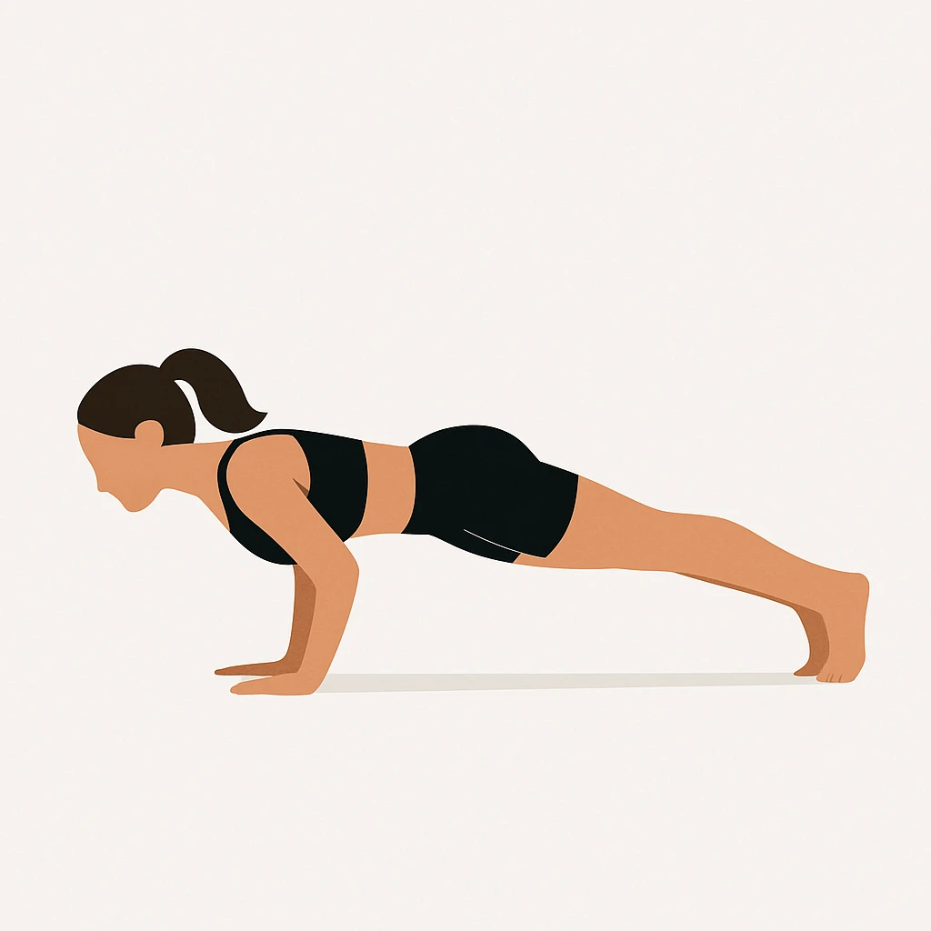 Minimalist flat vector illustration of a woman doing yoga (Four Limbed Staff ), wearing sportswear (black top and black shorts), brown hair pulled back into a ponytail, clean white background, no face details, elegant style emoji