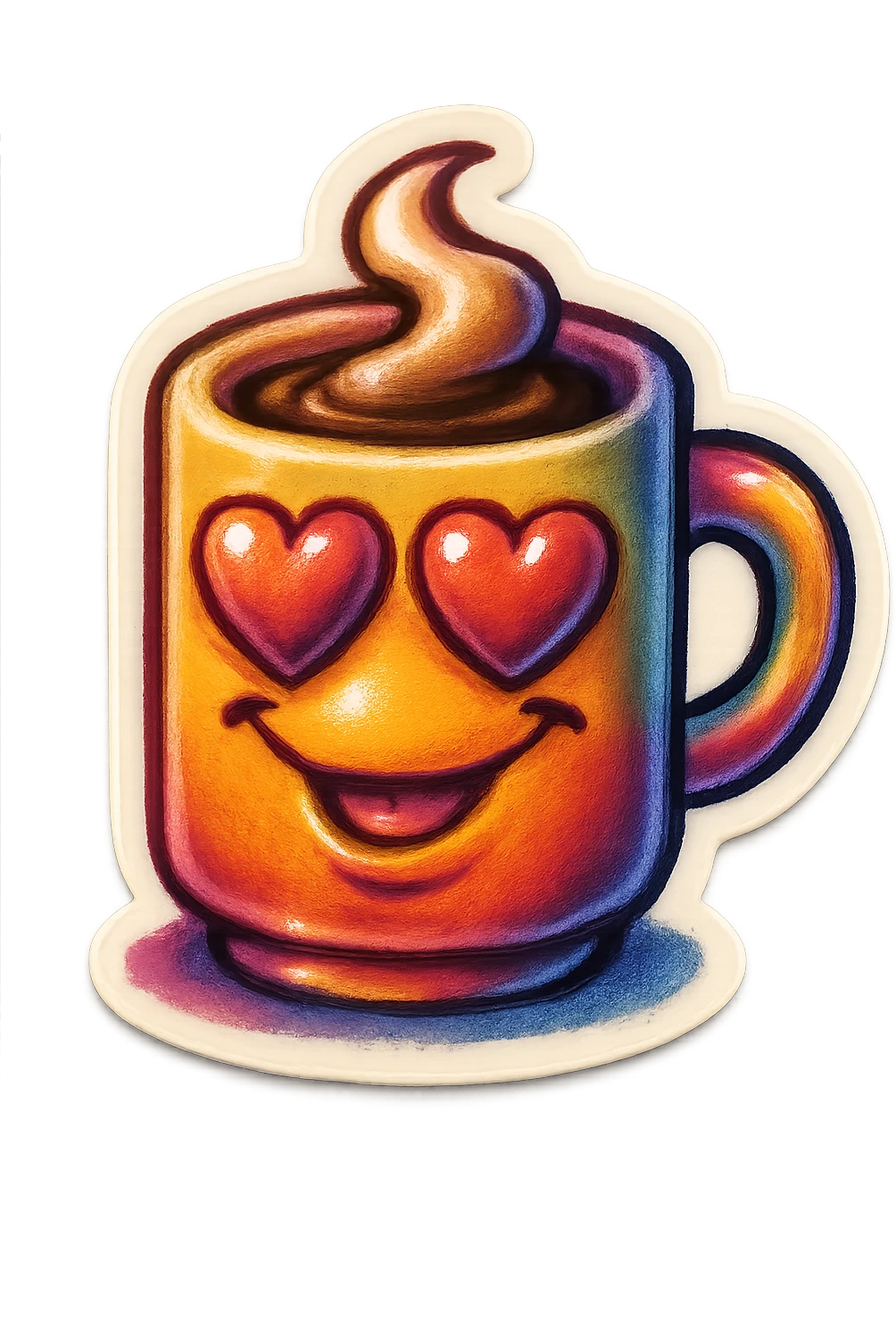coffee cup creature, big heart eyes, dopey smile emoji