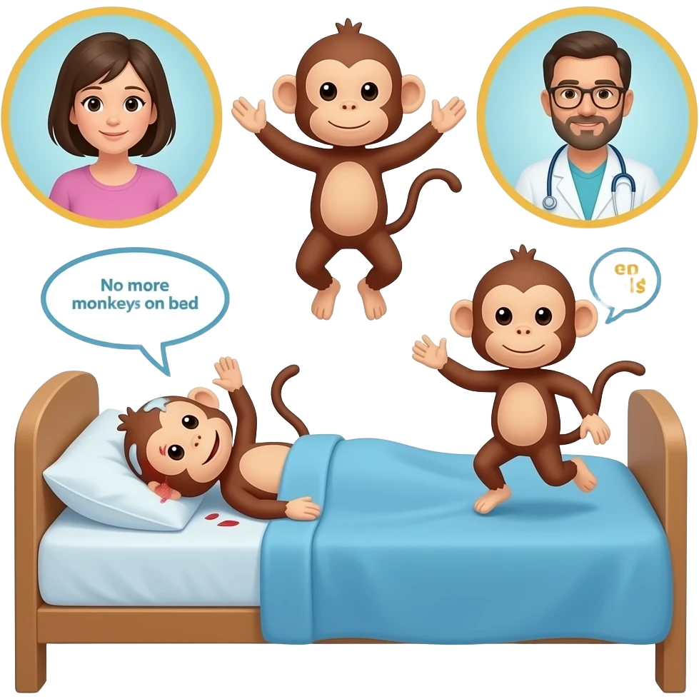 Cinco monitos saltando en la cama uno se cayó se lastimó la cabeza mamá llamada doctor y el doctor dijo no más monitos saltando en la cama emoji