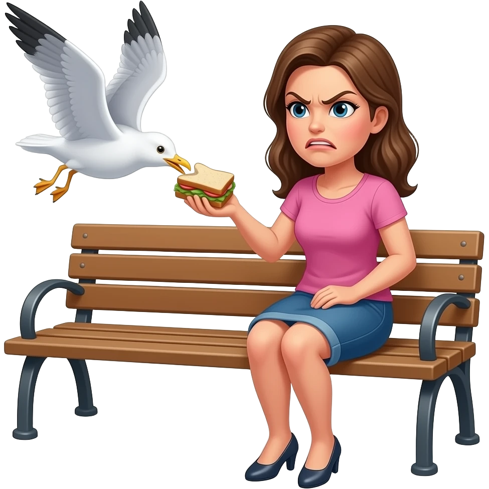 Seagull stealing a sandwich from an angry woman sitting on a bench emoji