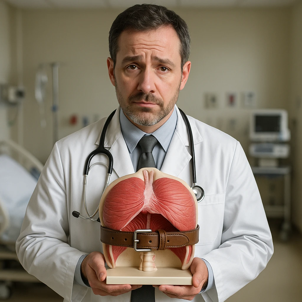 realistic doctor with an anatomical model of the diaphragm locked by a tight belt, empathetic expression, clinical details, hospital environment, no cartoon elements, hyper realistic style emoji