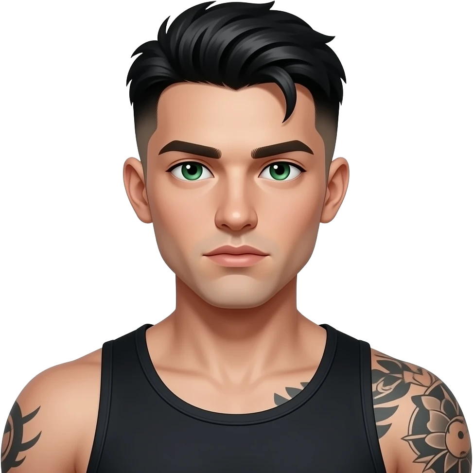 jeune gars mystérieux dark, cheveux noir de jais low taper fade, yeux verts, musclé, tatoué, fossette, peau très blanche très très très pâle emoji