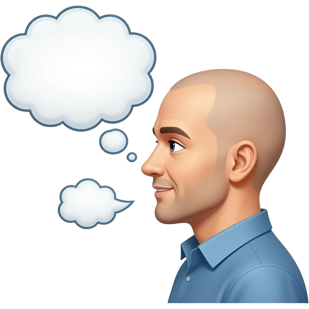 a bald man looking to the side talking with shout balloons, silhouette emoji