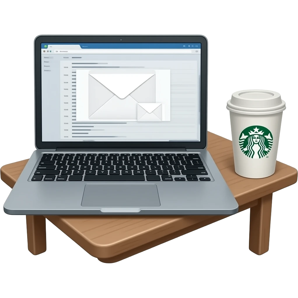 PLEASE CREATE OPEN LAPTOP WITH EMAILS ON THE SCREEN WITH STARBUCKS CUP ON TABLE NEXT TO LAPTOP emoji