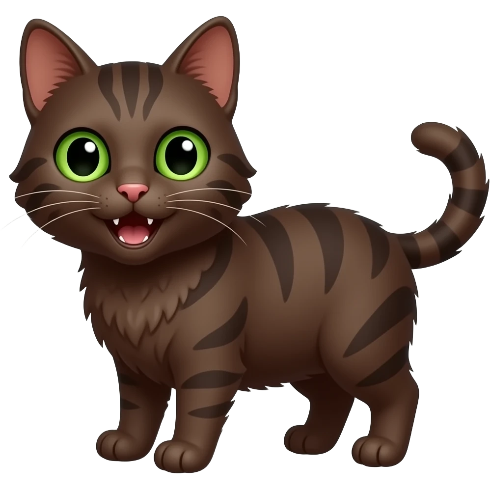 Cute happy dark brown scrunkly cat with green eyes saying “YES” in green letters emoji