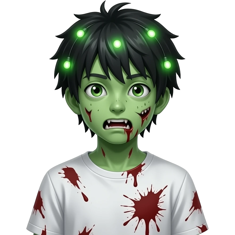 garoto zumbi japonês pele verde com cabelo com luzes e camisa branca básica com sangue emoji
