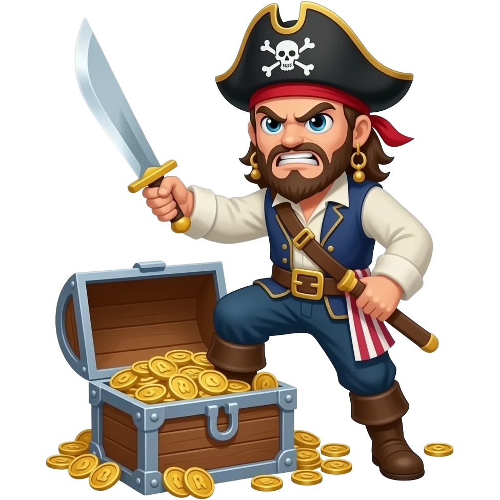 angry pirate with a sword standing over a treasure chest emoji