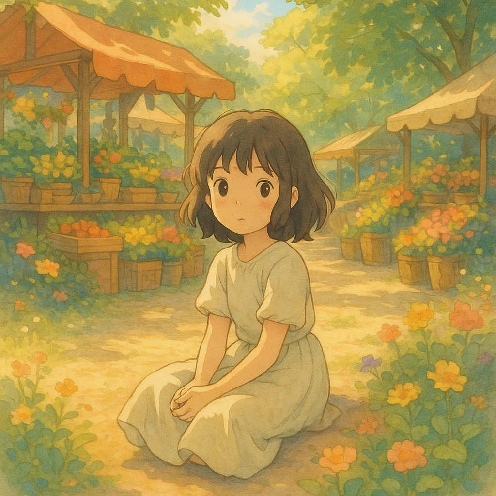 girl sitting on the marketplace, ghibli style emoji