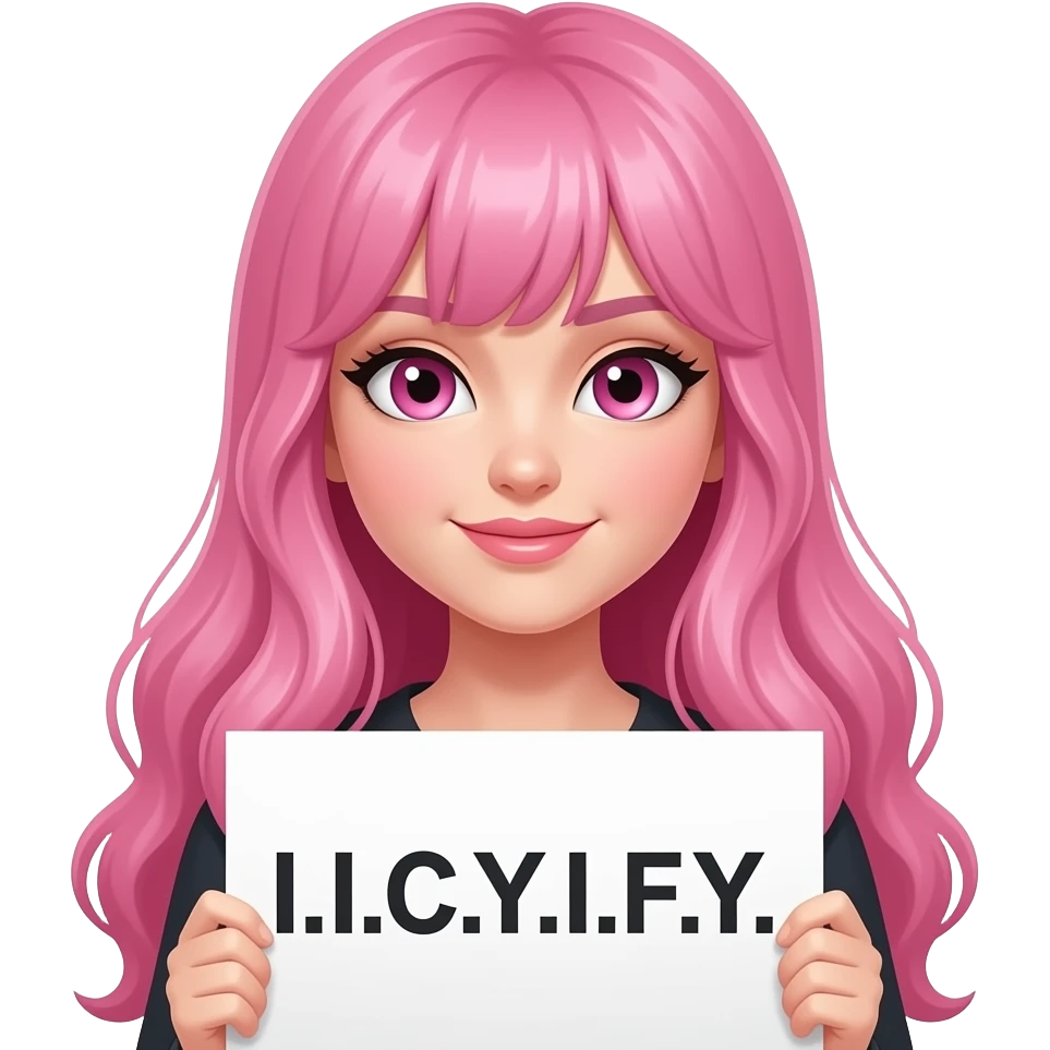 sexy girl with long pink hair and pink eyes holding a I.I.C.Y.I.F.Y. sign emoji