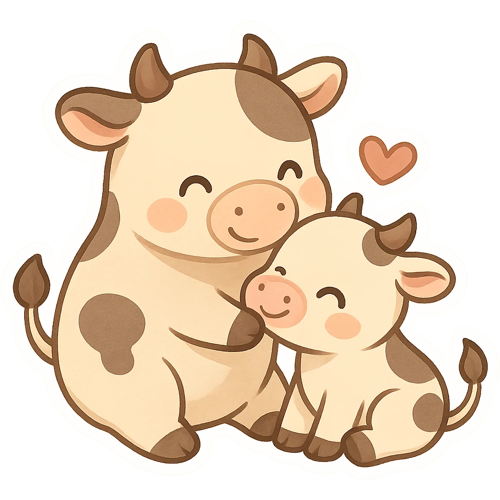 chibi cartoon sticker of a cow and a calf (گا و نیر), loving and playful style emoji
