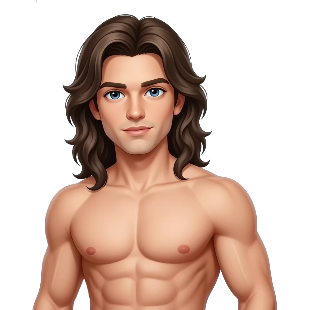 muscular shirtless twink with very long hair in front of Eiffel Tower emoji