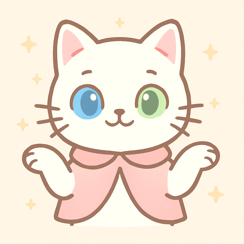 cute odd-eyed white cat, pink cape, shrugging shoulders, cartoon style, smiling expression emoji