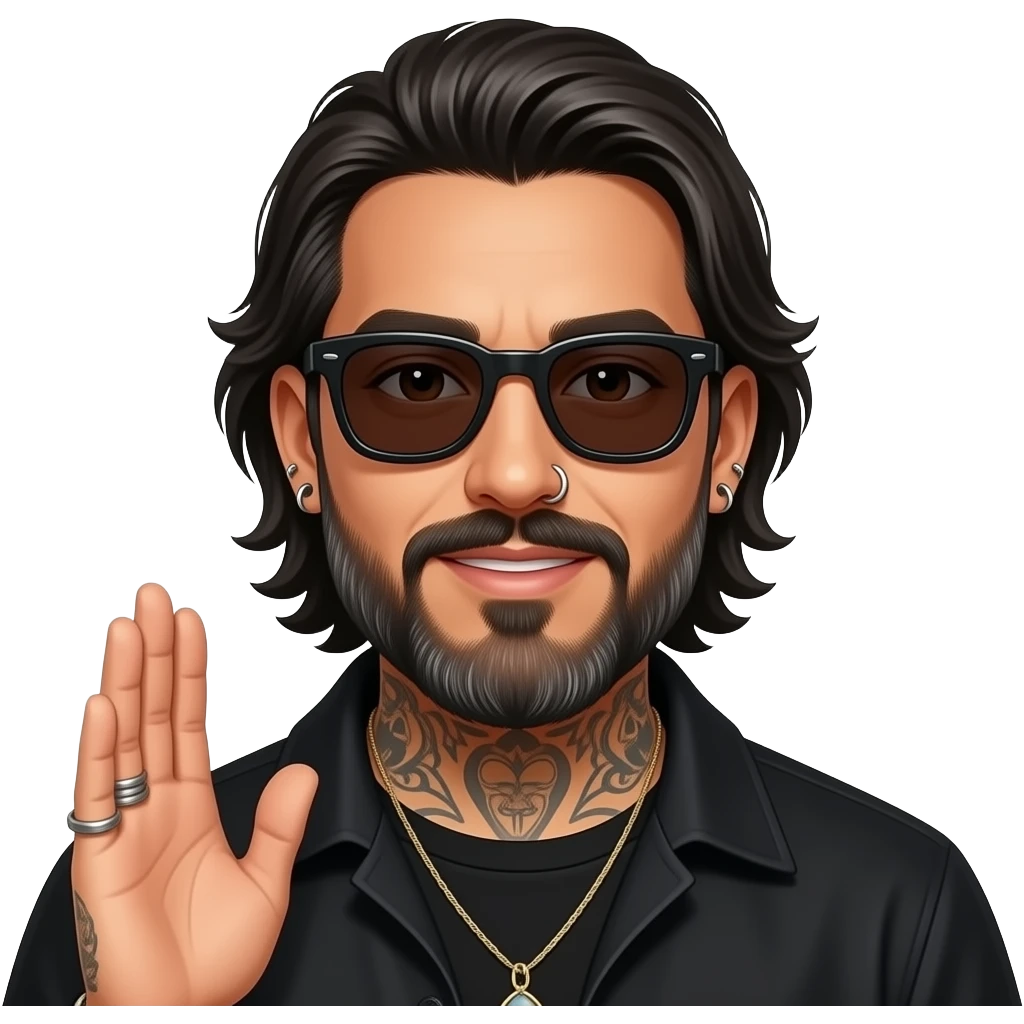 The handsome manly Latino podcast host with medium length hair, a long slightly graying beard and tattoos with his ears pierced 1 time each ear and a nose ring on the right side, dark brown eyes, wearing black, dark sunglasses, and jewelry, saying hello emoji