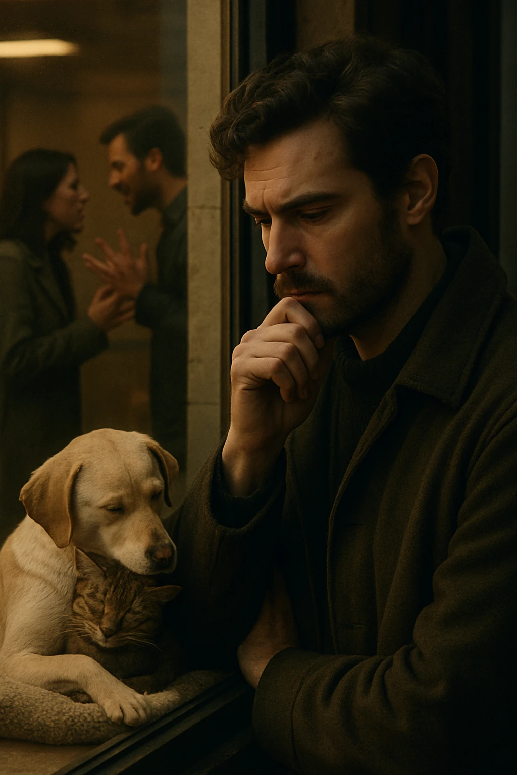 Vertical format: Close-up of a thoughtful man in front of a shop window. On one side, animals are cuddling, and on the other side, a human couple is arguing. The atmosphere is reflective. emoji