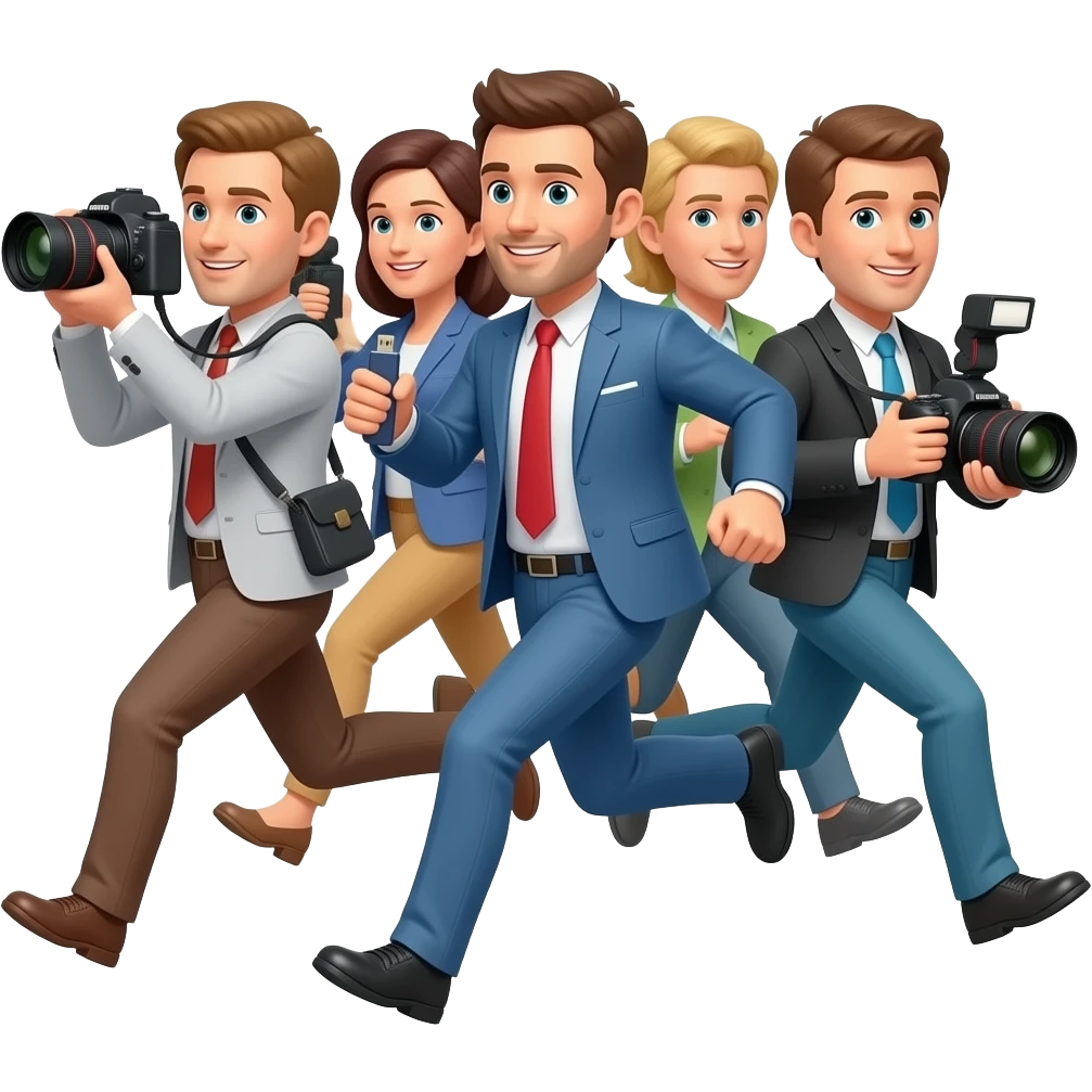 много журналистов бегут с камерами и флешками emoji