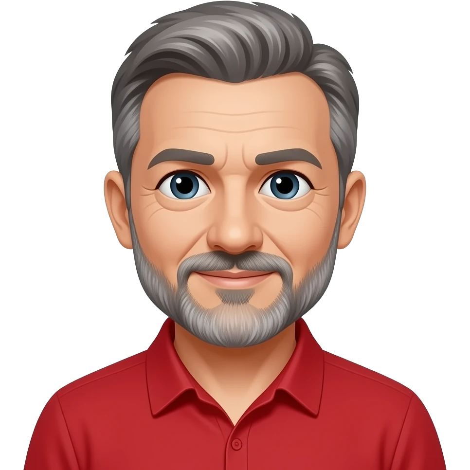 Mid 50’s with gray short hair and gray beard Red shirt emoji