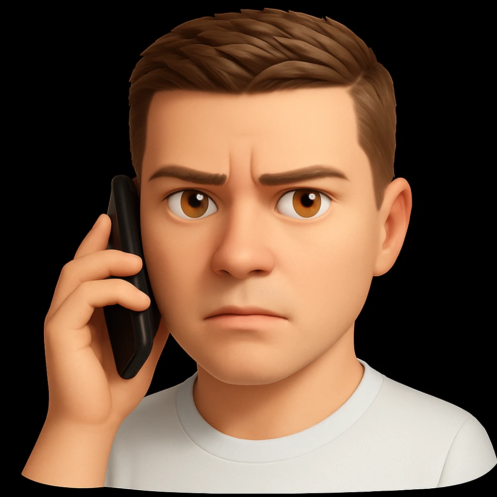 Based on these photos, make an emoji with facial features intact, man in white t-shirt, talking on phone, serious face emoji