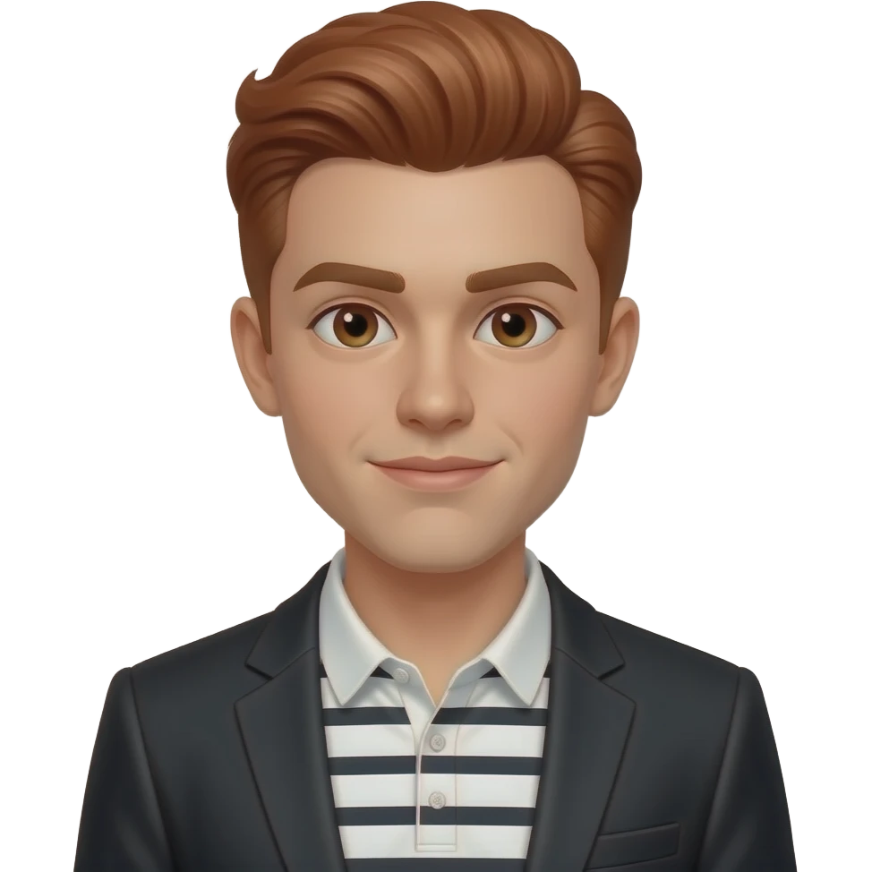 Young Man with red hair styled into a pompadour, dark brown eyes, black blazer, white and black striped polo shirt emoji