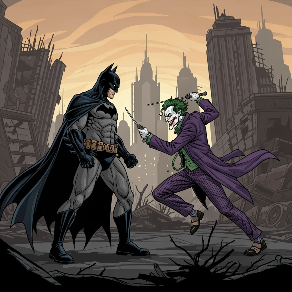 vector art of batman and joker, battleground background 
 emoji