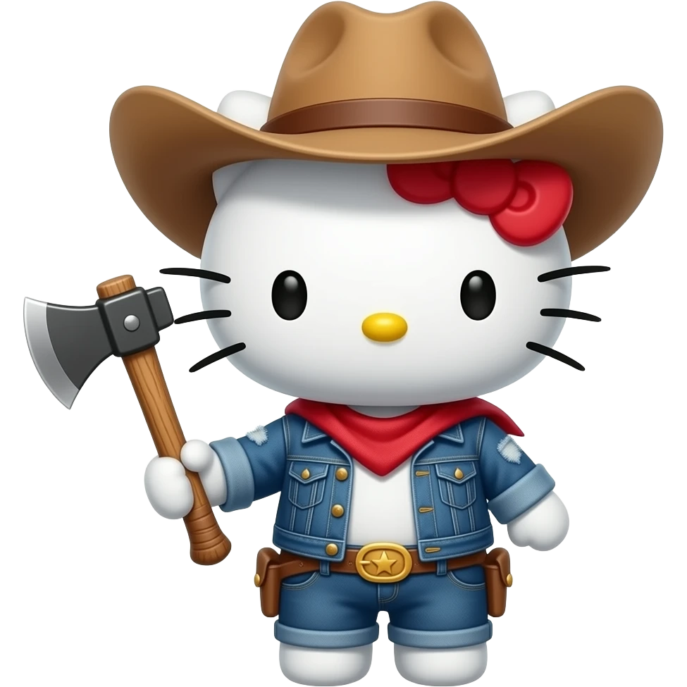 hello kitty disfrazado de rodia con su hacha con su cazadora raída sin sombrero emoji
