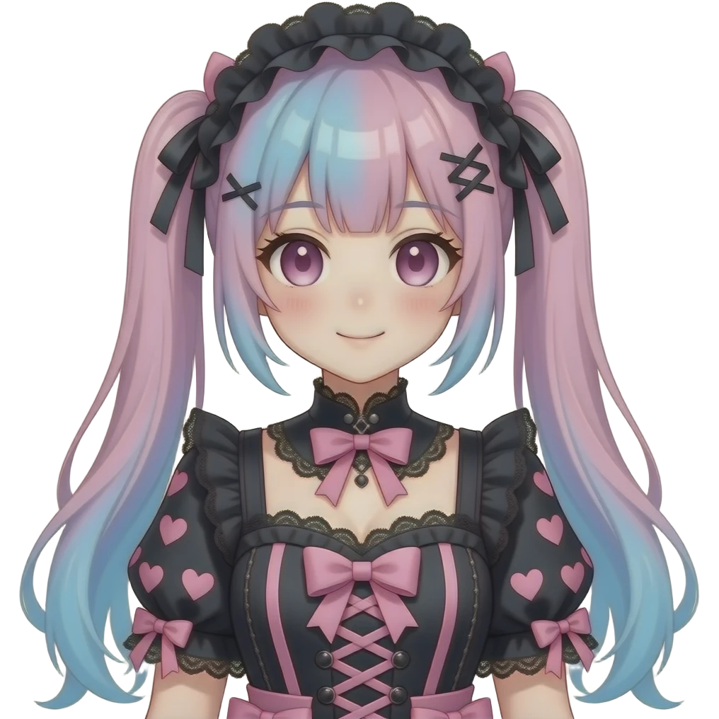 Cute colorful trendy aesthetic pretty anime woman lady vtuber with Lolita, gothic, fringes, laces, heart patterns, ribbons, emoji
