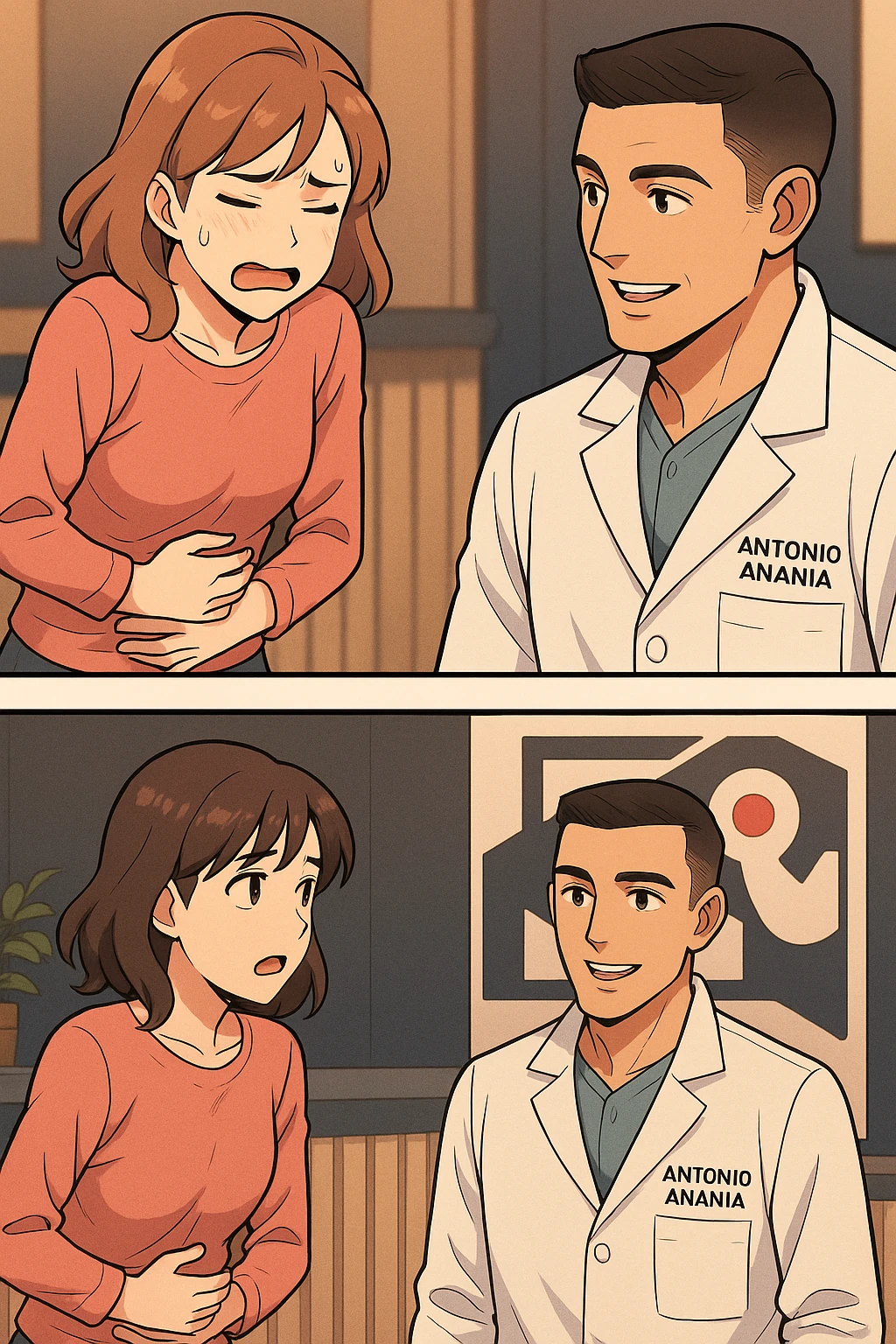 su questo stile fai un manga/webtoon a colori in cui una donna si lamenta che sta male e ha mal di pancia, l'uomo della foto in stile manga gli risponde, mantieni un ambiente simile alla foto che ho allegato con il suo logo (sarebbe il suo studio, lui è un kinesiologo), scrivigli "ANTONIO ANANIA" sul camice bianco, non mettere fumetti, ma fai in modo che sembri che la donna chiede una cosa e l'uomo risponde alla sua domanda emoji