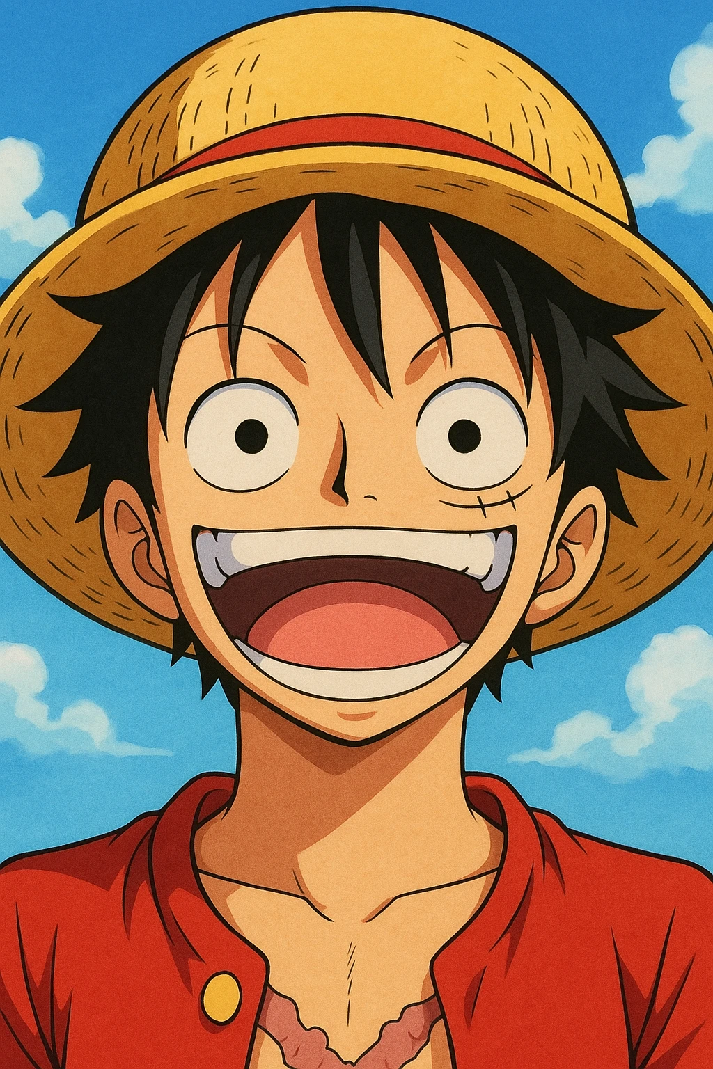 Luffy from One Piece, close-up portrait, big smile, straw hat, anime style, vibrant colors emoji