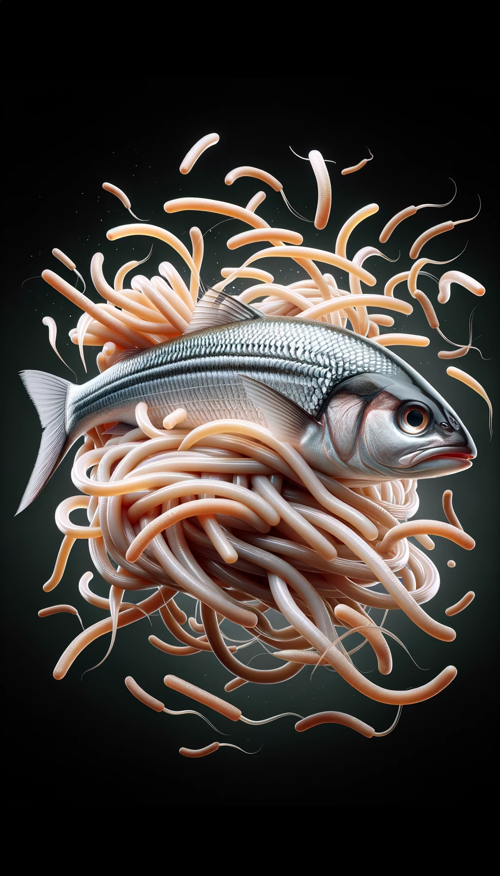 pesce crudo fluttua in aria insieme a dei lunghi vermi beige chiaro, iperrealistico 4k emoji